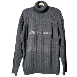 VTG Pure Playaz Mens Gray Y2K Hip Hop Spellout Cable Knit Turtleneck Sweater L